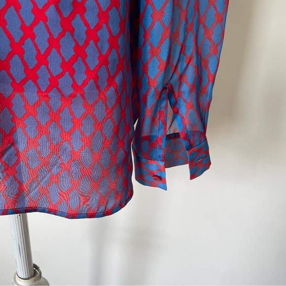 Jason Wu Miss Wu Blue Red Multi Silk Sheer Panel Long Sleeve Button Down Top 12 - Picture 6 of 9